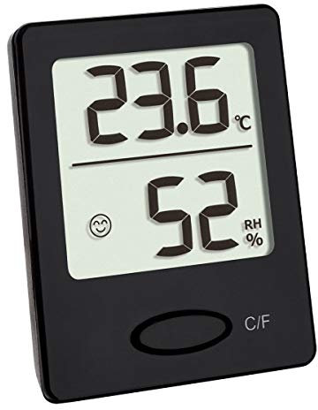 TFA Dostmann Digitales Thermo-Hygrometer, Hygrometer digital für innen, Luftfeuchtigkeitsmesser zur Schimmelvermeidung, gesundes Raumklima mit Smiley, mit Komfortzonen, 4,6 x 5,9 cm, schwarz