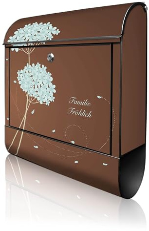 banjado Design Briefkasten personalisiert 38,5x46,5x13cm & 2 Schlüssel - Briefkasten Stahl Schwarz Zeitungsfach pulverbeschichtet - Postkasten A4 Einwurf inkl. Montagematerial - Motiv WT Blaue Hortens
