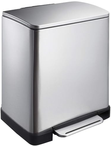 EKO E-Cube Mülleimer Küche, 20L Mülleimer mit Deckel, Tretmülleimer Edelstahl, mit Inneneimer, Fingerabdruckfrei, Softclose, Offenhaltefunktion, für Küche, Bad oder Büro, Rechteckig, matt Silber | Eckig, Volumen 20 l, Anti-Fingerprint-Beschichtung