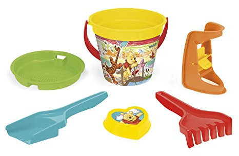 Wader 77137 Disney Ensemble Seau Winnie l'ourson avec Seau, passoire, Moulin à Sable, Pelle, râteau et Moule à Sable, 6 pièces, Multicolore, idéal comme Cadeau pour Jeu créatif