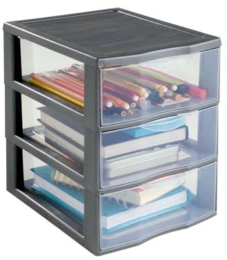 SUNDIS Orgamix, petite tour de rangement en plastique gris, 3 tiroirs transparents format A5, hauteur 25,5 cm, superposable, idéale rangement cosmétiques, bijoux, accessoires, fournitures