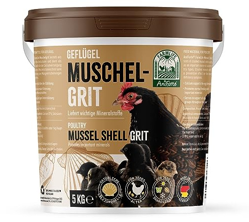 AniForte Muschelgrit für Hühner 5kg – Natürliches Mineralfutter reich an Calcium für Geflügel, Mineralgrit für Knochen- & Eibildung, Grit für Hühner aus Muschelkalk – FarmLife Muschelschrot