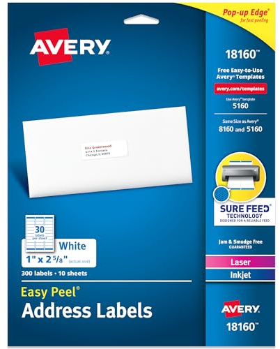 Avery Address Labels with Sure Feed for Laser & Inkjet Printers, 1 x 2-5/8, 300 Labels – Great for FBA Labels (18160)