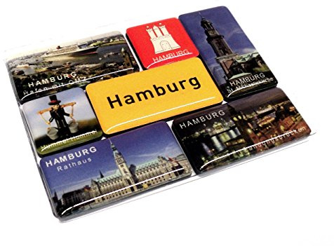 Magnet-Set Hamburg Souvenir, 7-teilig, 7,5 x 9 cm, dekorative Mini-Foto-Magnete, 5 Stk. 22 x 44 mm, 2 Stk. 22 x 22 mm