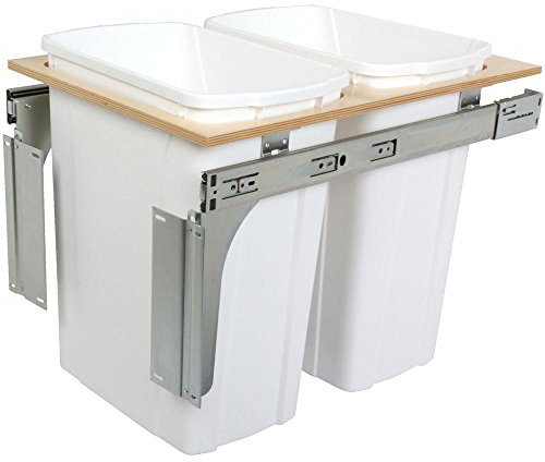 Knape & Vogt 35 Qt. Double Top Mount Pull Out Trash Can, in-Cabinet Kitchen Garbage, D Steel, 18 in. H x 15 in. W x 23 in., White