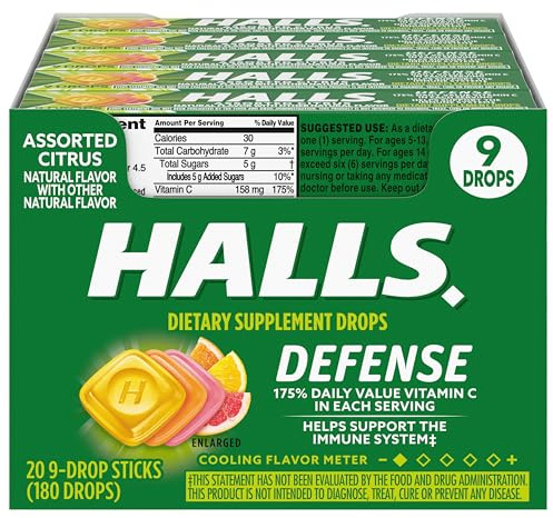 HALLS Defense Assorted Citrus Vitamin C Drops, 20 Sticks of 9 Drops (180 Total Drops)