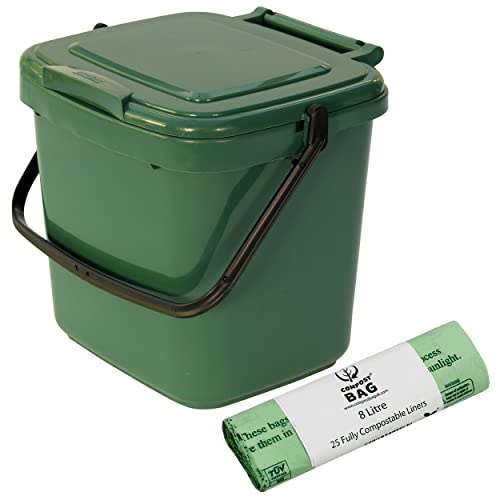 Green Kitchen Compost Caddy & 25x 8L Compostable Bags - for Food Waste Recycling (7 Litre) - 7L Plastic Composting Bin