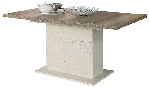 FORTE DURO Esstisch ausziehbar mit 1 Einlegeplatte, Holzwerkstoff, Pinie Weiß/Antikeiche, 160 x 76.6 x 90 cm