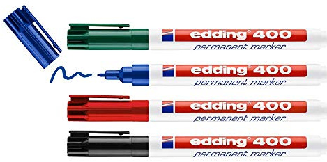 edding 400 Permanentmarker - schwarz, rot, blau, grün - 4 Stifte - feine Rundspitze 1 mm - wasserfest, schnell-trocknend - wischfest - für Karton, Kunststoff, Holz, Metall, Glas