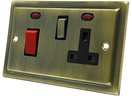AET VABCC2NBL 45 A 2 Gang Victorian Antique Brass Plate Cooker Switch with 13 A Switched Plug Socket and Neon Indicators