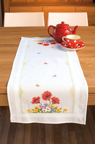 Vervaco Kit Broderie Pré-Imprimé Chemin De Table FLEURS DE PRINTEMPS SAUVAGES Complet Set DIY Adulte Decoration Manuelle Loisir Créatif Cadeau Femme ca. 40 x 100 cm Embroidery Patron