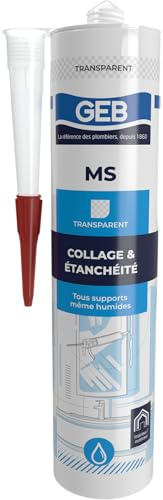 GEB Mastic colle MS d'étanchéité à base de polymère, sans solvant, tous supports même humides, cartouche 280 ml - Transparent
