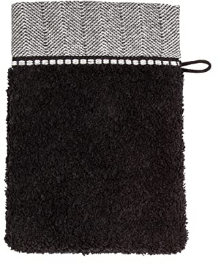 möve Brooklyn Waschhandschuh Uni mit Fischgratbordüre 15 x 20 cm aus 85 % Baumwolle / 10 % Viskose aus Bambus-Zellstoff / 5 % Leinen, black