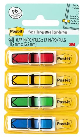 Post-it Arrow Flags, 0.47 in. x 1.7 in., Four Dispensers With 24 -Count Assorted Primary Colors Sticky Tabs Per Dispenser, Removable Page Markers for Planners, Journals, and Calendars (96 Flags Total)