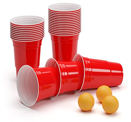BeerCup Lot de 100 gobelets pour jouer au Beer Pong Cups 16 oz. (473 ml) Rouge Avec Balles et règles de jeu de Beer Pong + 3 orangene Bälle