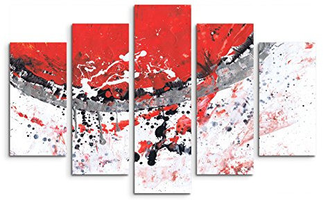 5 teiliges Wandbild auf Leinwand (Gesamt: H: 100cm B: 160cm) Keilrahmenbild Canvas Fotodruck Leinwandbild Leinwanddruck Kunstdruck Wandbild rot grau weiß schwarz Halbkreis Punkte