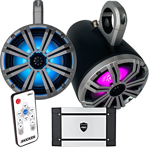 Kicker Marine 8 Black Tower System, 8 Silver Kicker KM Coaxial Speakers, Wet Sounds HT-4 Amp, & 41KMLC LED Remote