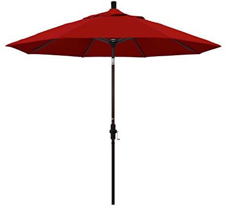 California Umbrella 9' Round Aluminum Market Umbrella, Crank Lift, Collar Tilt, Bronze Pole, Sunbrella Jockey Red
