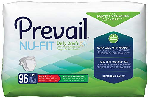 Prevail Nu-Fit Incontinence Briefs, Unisex Disposable Adult Diapers with Tabs for Men & Women, Maximum Absorbency, Medium, 96 Count (6 Packs of 16)