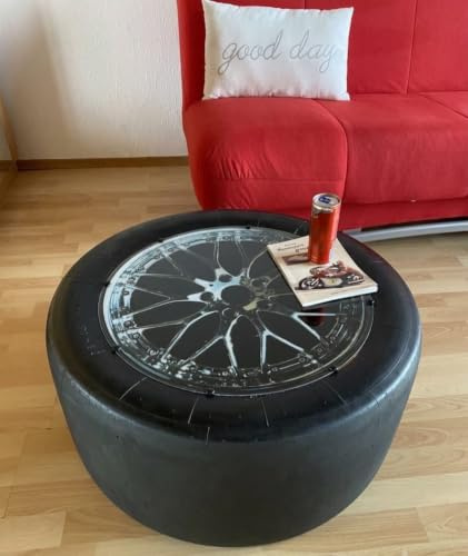 Race Tire Art [ORIGINAL Reifen] Reifen Tisch mit PC Platte | Orginalreifen aus DTM, GT Masters & LMP Serie Rennreifen Tisch mit echten Gebrauchspuren | Motorsport Geschenk für Männer & Frauen | Originaler Rennslick als Upcycling-Unikat mit PC-Tischplatte – das ausgefallene Motorsport-Geschenk für die Man Cave