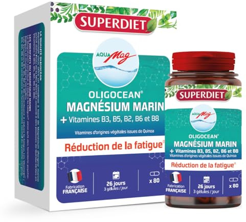 SUPERDIET OLIGOCEAN - AQUAMAG -Magnésium Marin - Vitamine B3, B5, B2, B6 et B8 - Réduit la fatigue - Fabrication française - 80 gélules