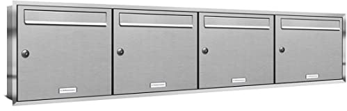 AL Briefkastensysteme, 4er Unterputzbriefkasten, Briefkasten rostfrei, 4 Fach Briefkastenanlage modern, Edelstahl Postkasten
