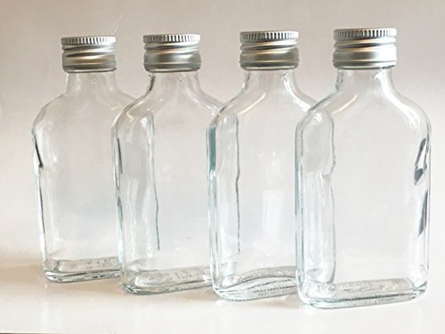 Taschi 12 Glass Bottles 100 ml Hip Flask With Screw Cap - Silver Refillable Liquor Schnapps Bottles for Vinegar Grain Oil - Height 12.7 cm
