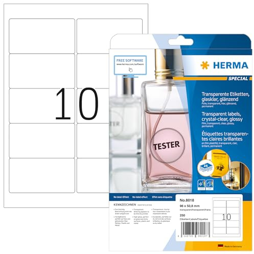 HERMA 8018 Wetterfeste Folienetiketten transparent, 25 Blatt, 96 x 50,8 mm, 10 pro A4 Bogen, 250 Stück, selbstklebend, bedruckbar, glänzend, blanko Klebeetiketten Aufkleber aus Folie, durchsichtig