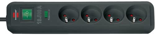 Brennenstuhl 1159701 Eco-Line - Ciabatta elettrica a 4 prese, cavo H05VV-F 3G1,5 da 1,4 m, dispositivo di emergenza per sbalzi di tensione 13500 A, colore: Nero