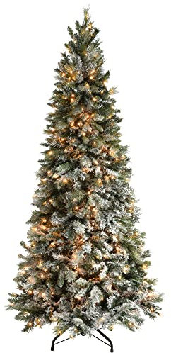 WeRChristmas Pre-Lit Slim Snow Flocked Spruce Christmas Tree with 300 Chasing Warm LED Lights, 6 feet/1.8m