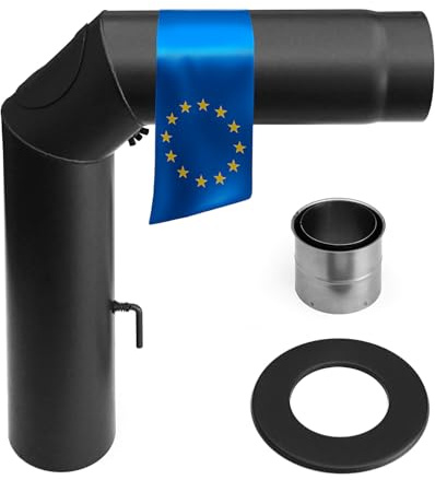 raik Rauchrohr Ofenrohr Set 150 mm schwarz 90 Grad Bogen dreiteilig mit Zugregulierung und Reinigungsöffnung inkl. Doppelwandfutter und Wandrosette 2 mm Stahl Senotherm Lackierung bis 600 Grad