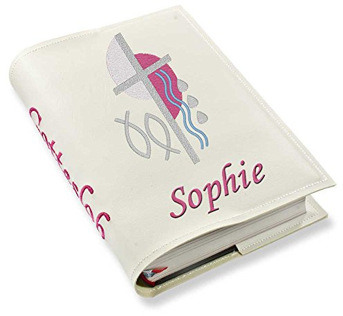 Gotteslob Gotteslobhülle Kreuz 2 pink Kunstleder mit Namen bestickt weiß (weiß)