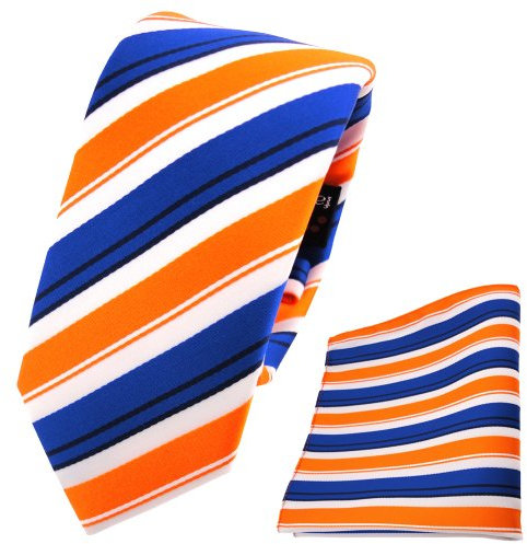 TigerTie - schmale Designer Krawatte Designer Einstecktuch in orange blau schwarz weiß gestreift
