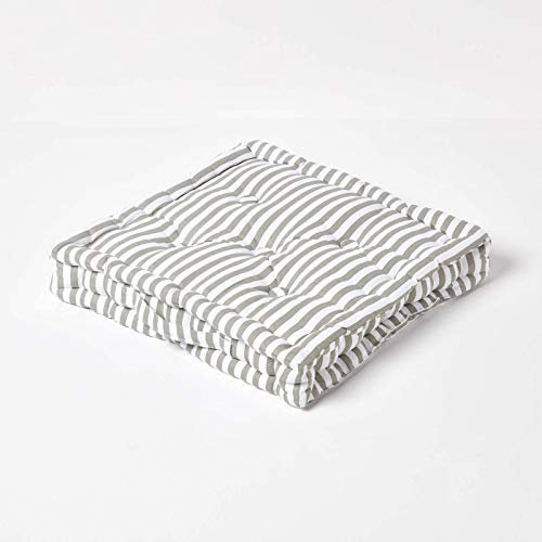HOMESCAPES - Pin Stripe Grey - 100% Cotton - Large Floor Cushion - Light Grey and White - 50 x 50 x 10 cm Square - Indoor - Garden - Dining Chair Booster - Seat Pad Cushion