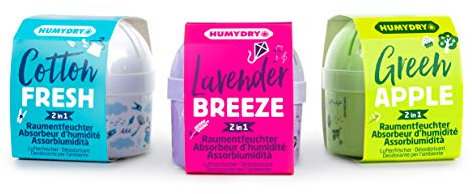 3er-Set HUMYDRY® Mini 75g Luftentfeuchter MIX - 2 in 1: Luftentfeuchter und Lufterfrischer in Einem - Absorbiert zu hohe Luftfeuchtigkeit und verleiht gleichzeitig einen angenehmen Duft