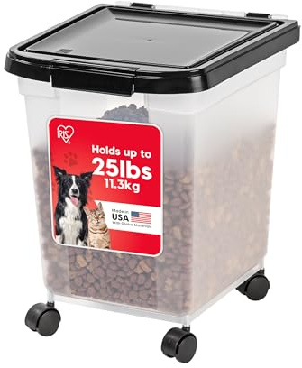 IRIS USA Airtight Dog Food Storage Container, WeatherPro, Up to 25 lbs, Removable Wheels, for Dog Cat Bird and Other Pet Food Storage Bin, Keep Fresh, Translucent Body, Made in USA, Clear/Black