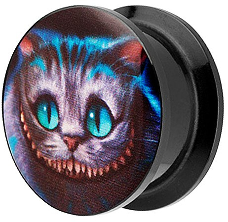 Piersando Ohr Plug Piercing Kunststoff Motiv Comic Picture Flesh Tunnel Ohrplug mit Grinsekatze Schwarz 16mm