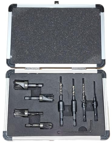 PTI Matching Plug Cutter and Countersink 8 Piece Set 6,8,10,12mm Aluminium Case, Drill Bits for Wood working, wood cutter, hinge, dowel, carpentry, DIY