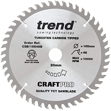 Trend Wood Circular Saw Blade, 165mm Diameter, 20mm Bore, 48 Teeth, 2.4mm Kerf, +5° Hook, TCT, Fine Finish, CSB/16548B