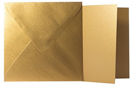 25 Quadratische Gold Briefumschläge 120g von der Größe 15,5 X 15,5 cm + Klappkarten 240g von der Größe 15 X 15 cm, mit dreieckiger Lasche zum Kleben ohne Fenster