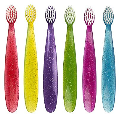 RADIUS Children's Toothbrush, Totz Brush, Extra Soft Bristles, Assorted Colors, BPA Free & ADA Accepted, Designed for Delicate Teeth & Gums for Children 18 Months & Up, Pack of 6