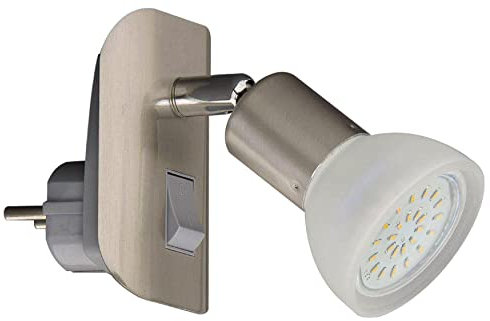 Trango Spina a LED 11-042 in acciaio inossidabile con paralume in vetro, luce notturna a spina incl. 1x illuminante LED bianco caldo GU10 3000K e lampada di lettura interruttore ON/OFF