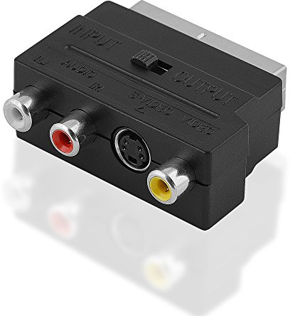 Audio Video Adapter mit Schalter, 1 Scart-Stecker auf 3 Cinch-Buchse 1 S-VHS Buchse, Schwarz