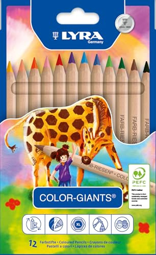LYRA Color-Giants Buntstifte unlackiert Kartonetui 12 sortierte Farben | Holzbuntstifte, sechskant, Mine 6,3mm, natur
