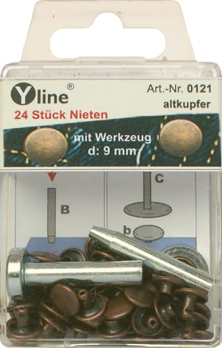 24 st. nitar 9 mm kopparfärger med verktyg (hålnitar) i SB blister, 0121