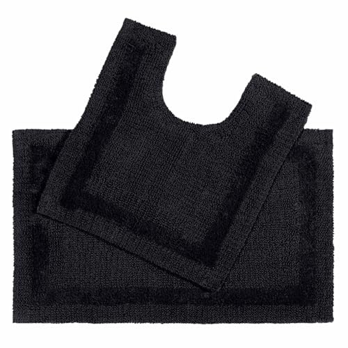 HOMESCAPES Tapis de Bain et Contour WC en Coton, Noir, Ensemble Tapis Salle de Bain et WC – Lot de 2