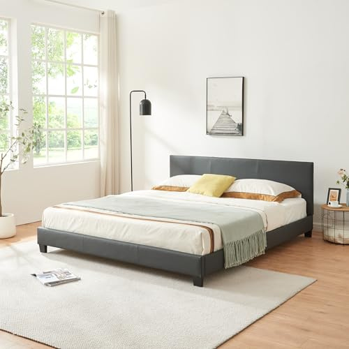 Corium Struttura Letto Imbottito a Testiera Alta Letto Matrimoniale King size / 2 Piazze 180x200 cm Rivestimento in Similpelle - Grigio Scuro