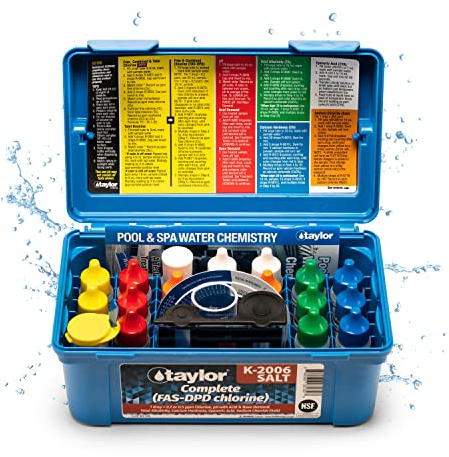 Taylor K-2006-SALT FAS-DPD, 9-in-1 Pool & Spa Test Kit, Free & Combined Chlorine, pH, Acid & Base Demand, Total Alkalinity, Calcium Hardness, Cyanuric Acid (CYA), and Chloride (Sodium Chloride).