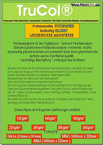 Beidseitig 125 Blatt 220g /m² glänzendes Fotopapier A4 Fotokarton für Laserdrucker und Kopierer | DIN A4 – 210mm x 297mm | Professional Laser-Papier | doppelseitig hochweiß glänzend beschichtet | doppelseitig bedruckbar |