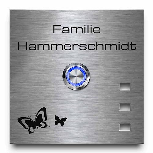 Personalisierte Edelstahl Klingel mit Wunschtext und Motiven - Modell Hammerschmidt 10x10 cm | robuste, langlebige Klingelschilder mit individueller Gravur - jetzt gestalten